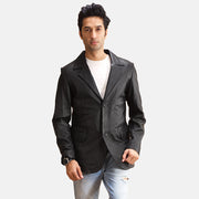 Alyson 黑色 真皮西装外套 男士 in Black Sheepskin Leather - Front Profile View &amp; Tailored Silhouette | Buy Online