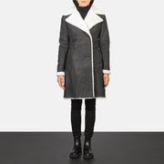Women's Amie Black Double Breasted Shearling Coat in Black Sheepskin Snuffed - Front Profile View &amp; Tailored Silhouette | Buy Online
