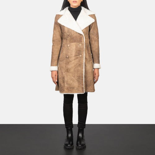 Women's Amie Distressed Brown Double Breasted Shearling Coat in Distressed Brown Sheepskin Snuffed - Front Profile View & Tailored Silhouette | Buy Online