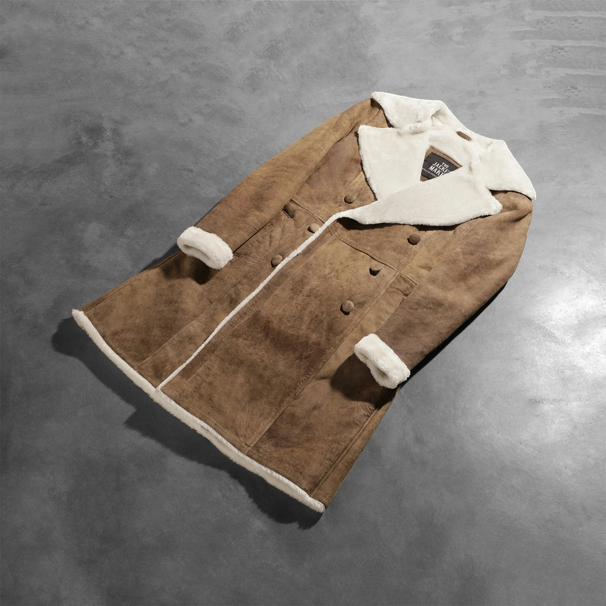 Styled Fit Perspective of Women's Amie Distressed Brown Double Breasted Shearling Coat on Model - Natural Daylight Drape