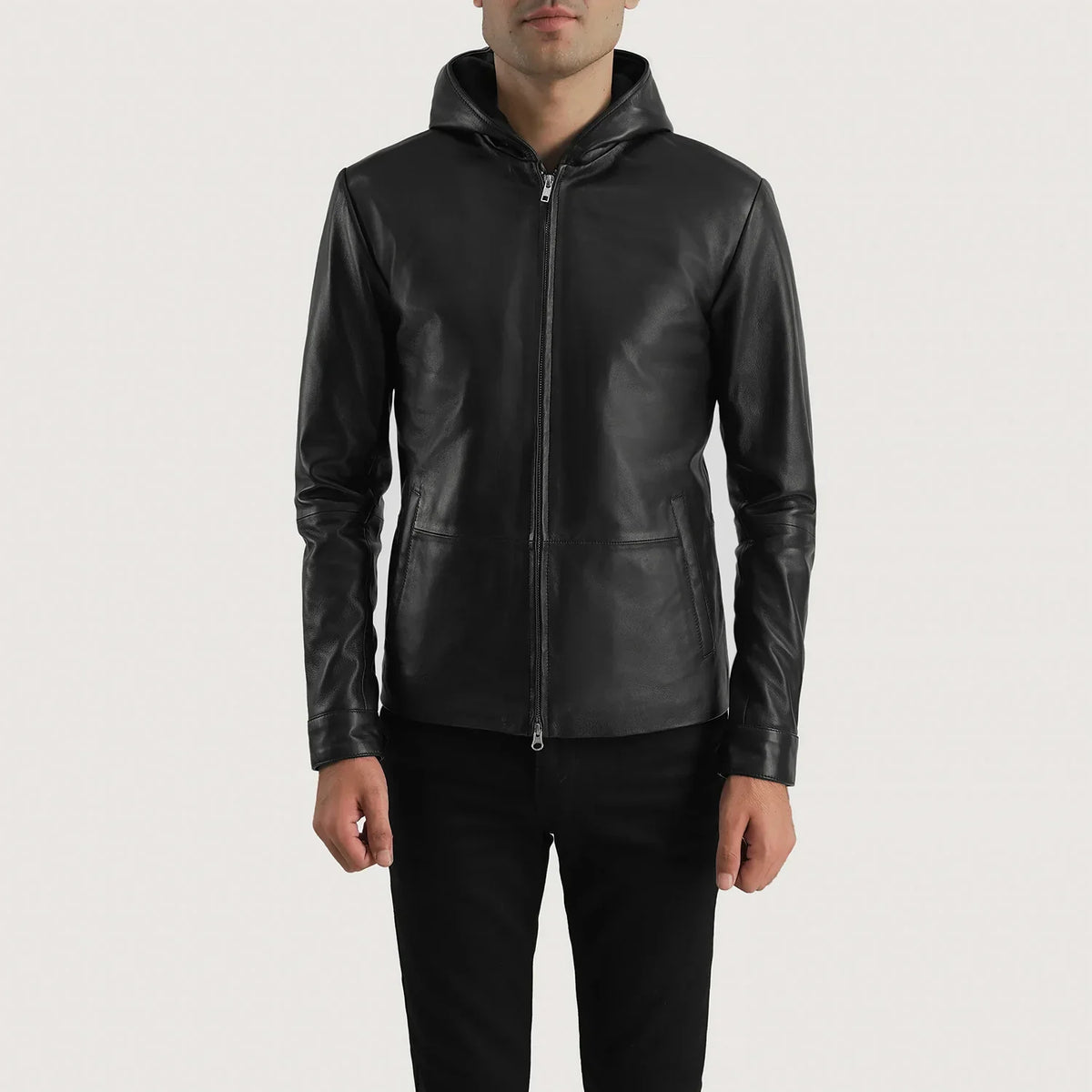 Men's Andy Matte 黑色 Hooded 真皮夹克 男士 in Matte Black Sheepskin Leather - Front Profile View &amp; Tailored Silhouette | Buy Online