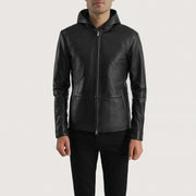 Men's Andy Matte 黑色 Hooded 真皮夹克 男士 in Matte Black Sheepskin Leather - Front Profile View &amp; Tailored Silhouette | Buy Online