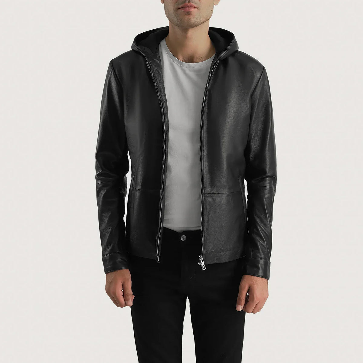 Men's Andy Matte 黑色 Hooded 真皮夹克 男士 - Lateral Side Profile View Showing Sleeve Cut &amp; Athletic Taper Fit