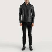 Close-Up Detail of Hooded &amp; Zipper Hardware on Men's Andy Matte 黑色 Hooded 真皮夹克 男士