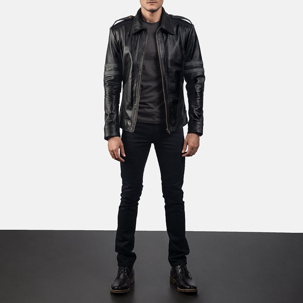 Armstrong 黑色 真皮机车夹克 男士 - Lateral Side Profile View Showing Sleeve Cut &amp; Athletic Taper Fit