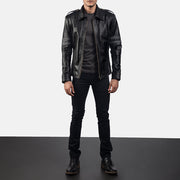 Armstrong 黑色 真皮机车夹克 男士 - Lateral Side Profile View Showing Sleeve Cut &amp; Athletic Taper Fit