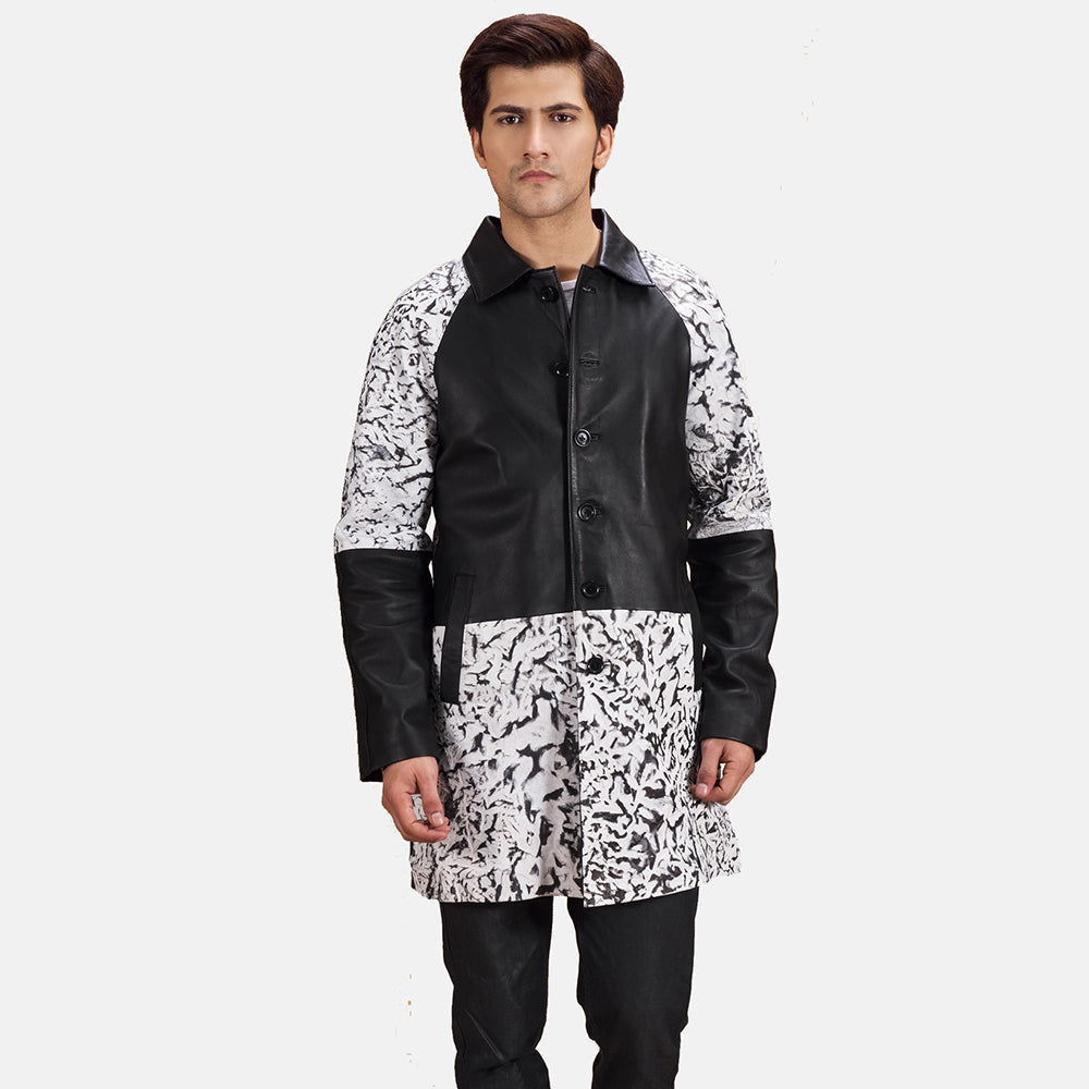 Men's Artistry 黑色 Dye 真皮大衣 男士 in Black &amp; White Sheepskin Dip &amp;Amp; Dye - Front Profile View &amp; Tailored Silhouette | Buy Online
