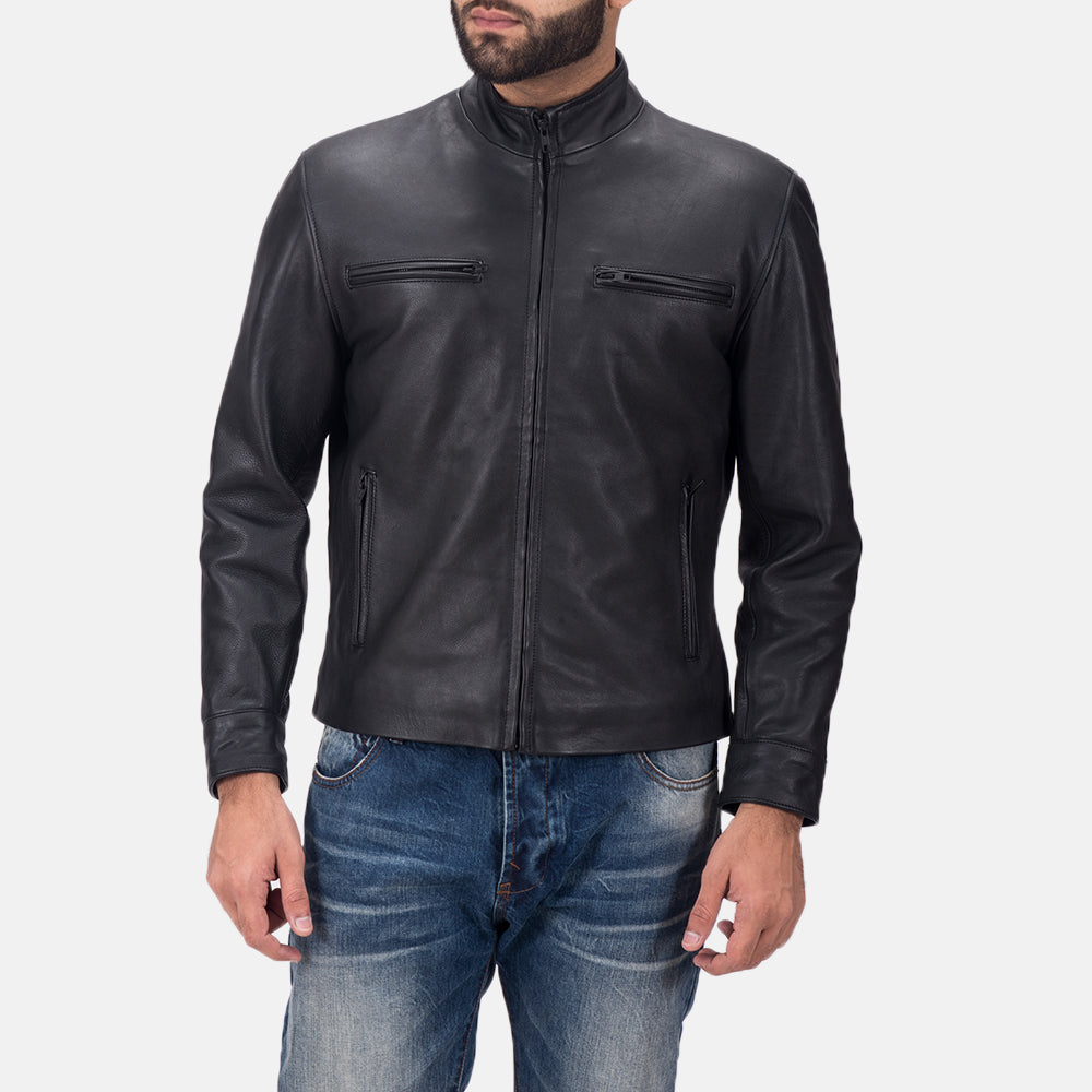 Austere Matte 黑色 真皮机车夹克 男士 in Black Calfskin Matte - Front Profile View &amp; Tailored Silhouette | Buy Online