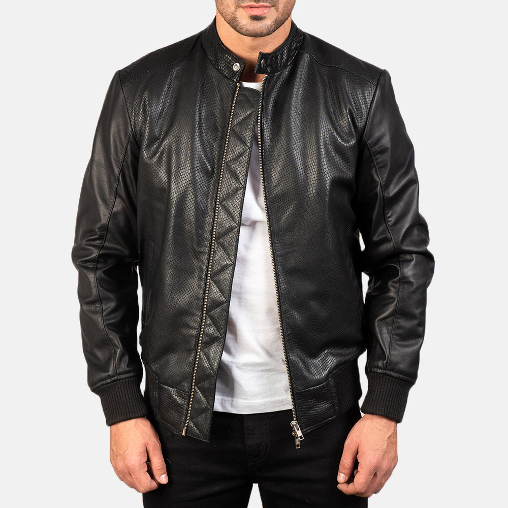 Avan Black Leather Bomber Jacket in Black Cowhide (Torso) &amp;Amp; Goatskin (Sleeves) Leather - Front Profile View &amp; Tailored Silhouette | Buy Online