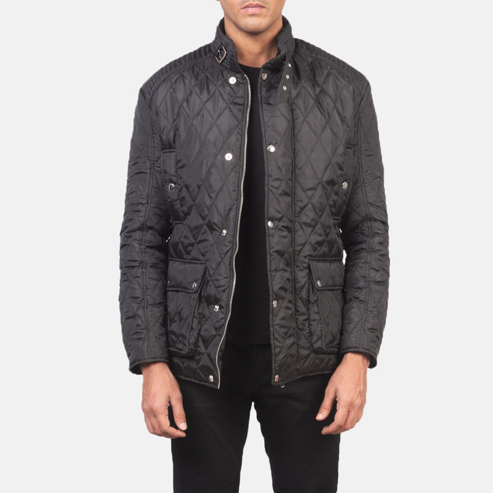 Men's Barry Quilted 黑色 Windbreaker 真皮夹克 男士 in Black Polyester - Front Profile View &amp; Tailored Silhouette | Buy Online