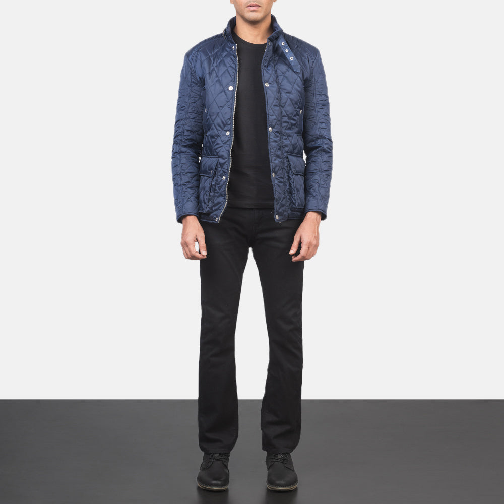 Close-Up Detail of Belted Band &amp; Button Hardware on Men's Barry Quilted Blue Windbreaker 真皮夹克 男士