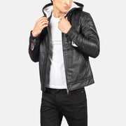 
Baston Black Hooded Leather Bomber Jacket in Black Sheepskin Leather - 正面版型与定制立体剪裁轮廓 | 官方商城选购