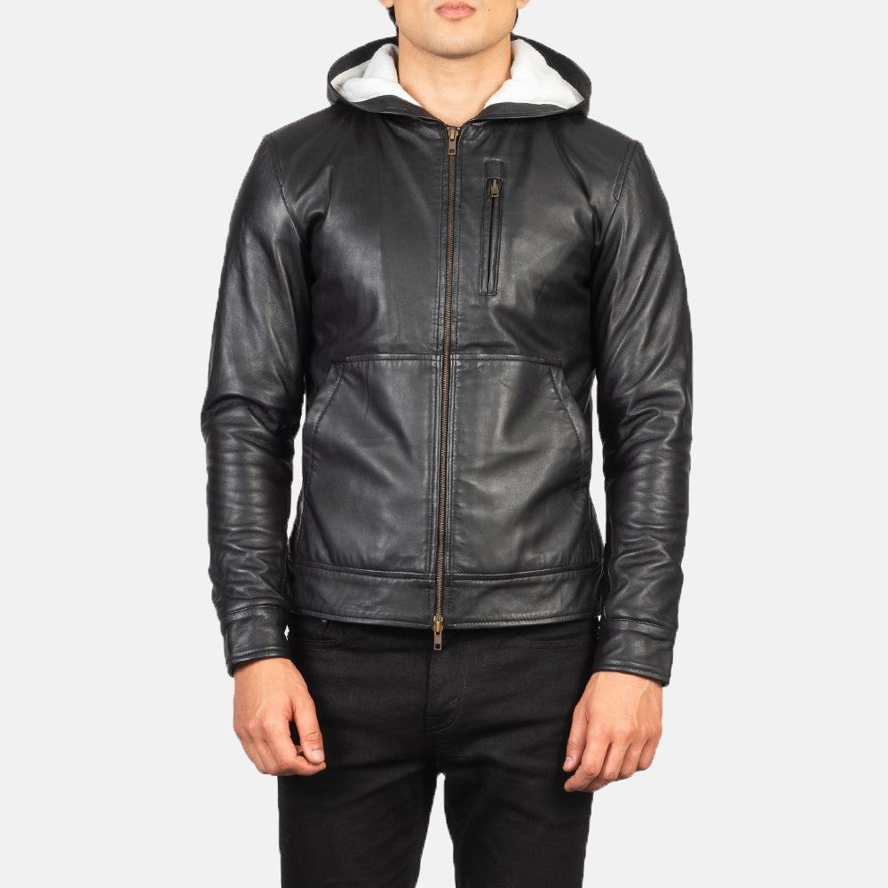 
细节特写 of Hooded & Zipper Hardware on Baston Black Hooded Leather Bomber Jacket
