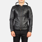 
细节特写 of Hooded & Zipper Hardware on Baston Black Hooded Leather Bomber Jacket