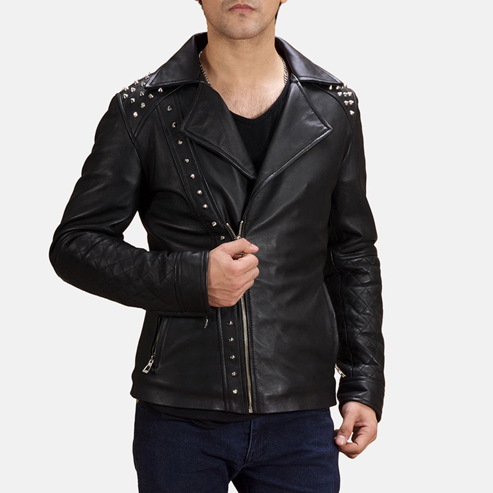 Men's 黑色 Studded 真皮机车夹克 男士 in Black Sheepskin Leather - Front Profile View &amp; Tailored Silhouette | Buy Online
