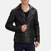Men's 黑色 Studded 真皮机车夹克 男士 in Black Sheepskin Leather - Front Profile View &amp; Tailored Silhouette | Buy Online