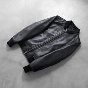 Rib Knit &amp; Hem Craftsmanship Construction Detail on Women's Bliss 黑色 真皮飞行员夹克 女士