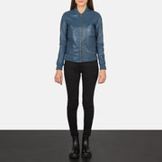 Women's Bliss Blue 真皮飞行员夹克 女士 - Lateral Side Profile View Showing Sleeve Cut &amp; Athletic Taper Fit