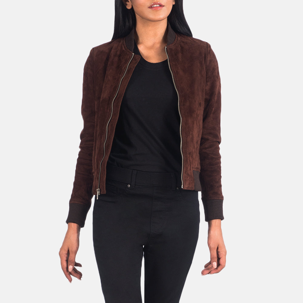 Women's Bliss 棕色 Suede 真皮飞行员夹克 女士 in Brown Goatskin Suede - Front Profile View &amp; Tailored Silhouette | Buy Online