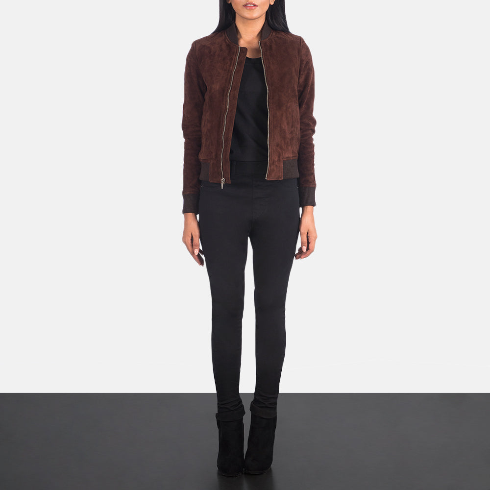 Women's Bliss 棕色 Suede 真皮飞行员夹克 女士 - Lateral Side Profile View Showing Sleeve Cut &amp; Athletic Taper Fit
