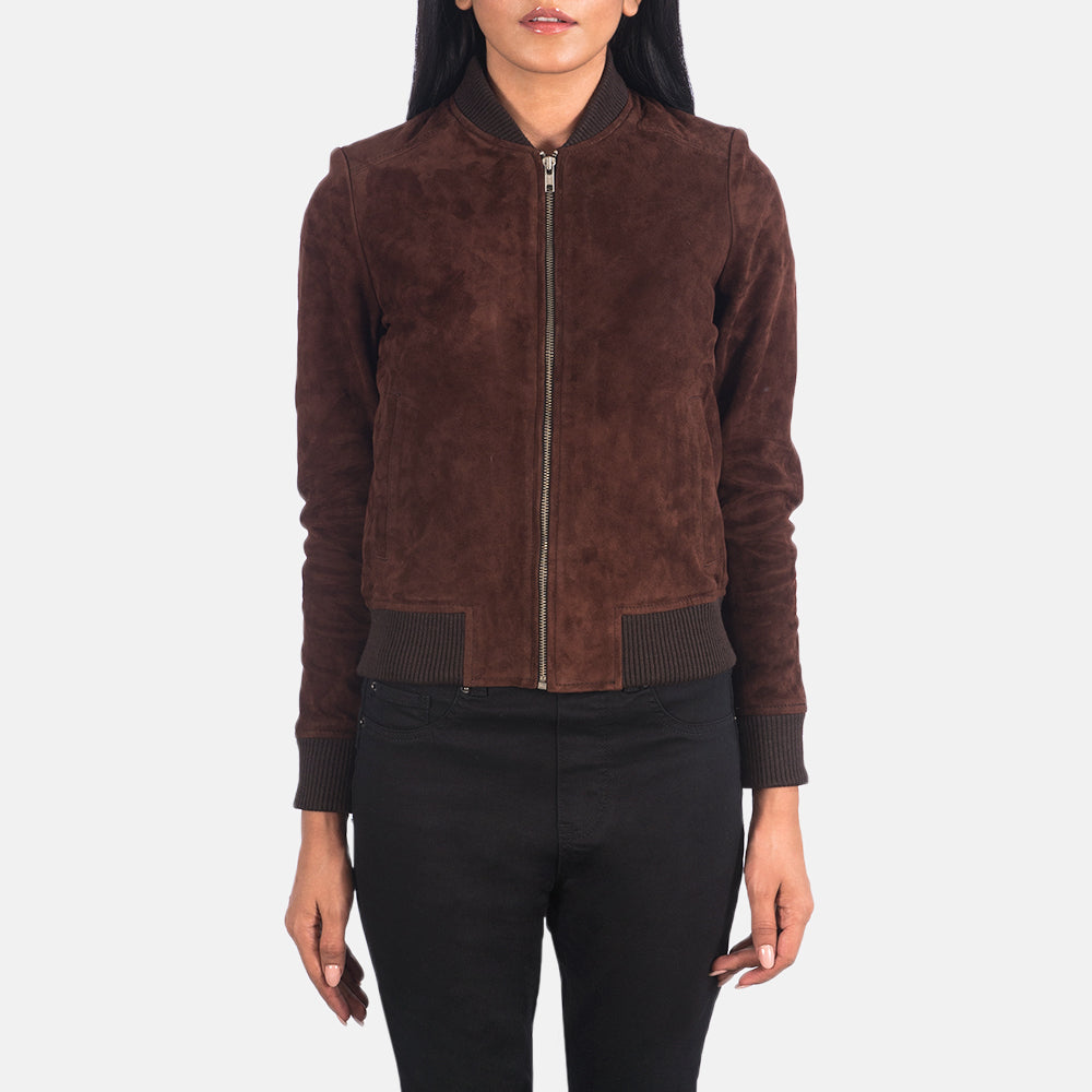 Close-Up Detail of Varsity - Rib Knit &amp; Zipper with Wind Flap Hardware on Women's Bliss 棕色 Suede 真皮飞行员夹克 女士