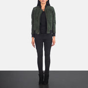 Women's Bliss Green Suede 真皮飞行员夹克 女士 - Lateral Side Profile View Showing Sleeve Cut &amp; Athletic Taper Fit