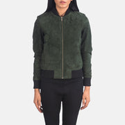 Close-Up Detail of Varsity - Rib Knit &amp; Zipper with Wind Flap Hardware on Women's Bliss Green Suede 真皮飞行员夹克 女士