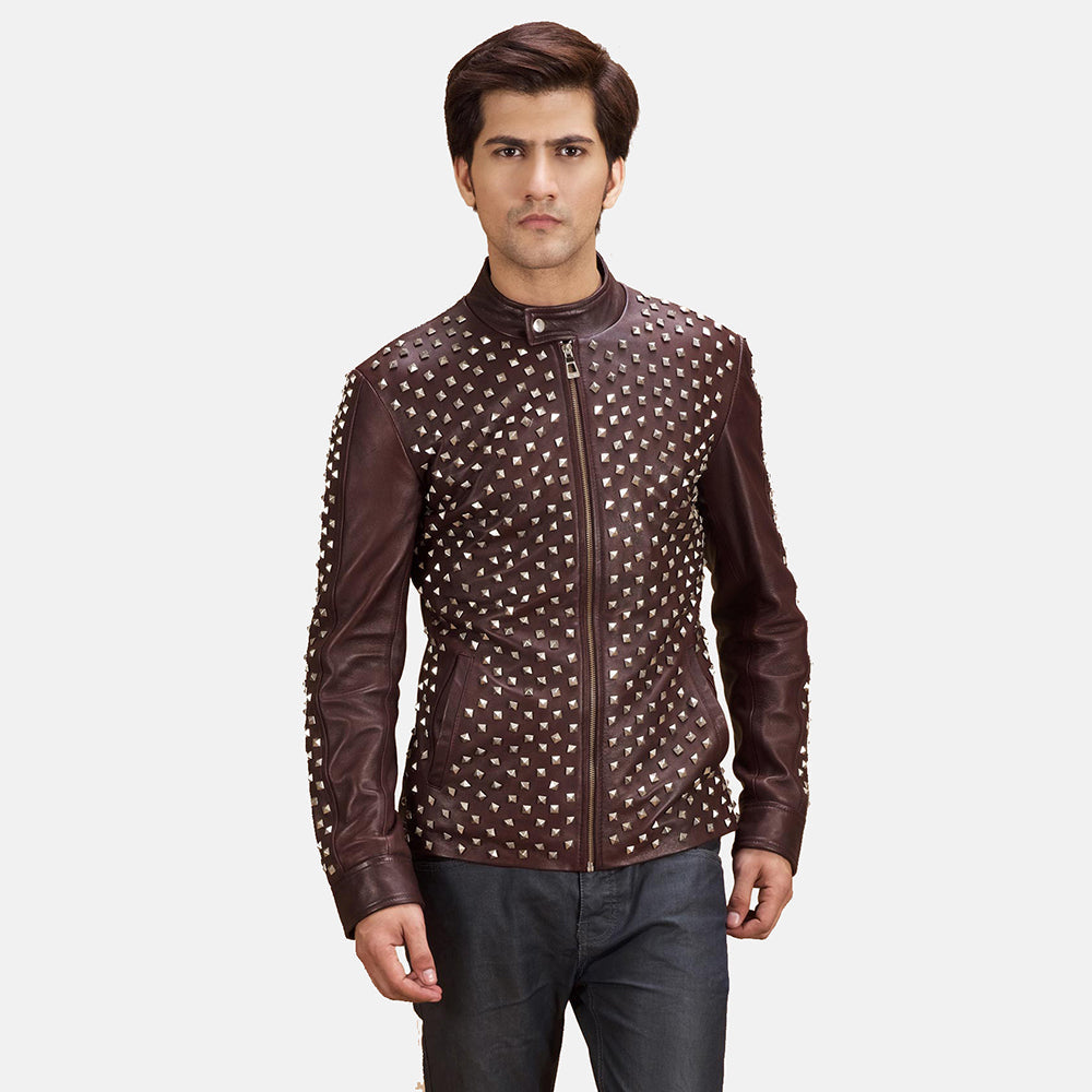 Blix Bono Maroon 真皮机车夹克 男士 in Maroon Sheepskin Leather - Front Profile View &amp; Tailored Silhouette | Buy Online