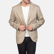 Beige Poly-Cotton Leather Blazer - Back View Showing Tailored Shoulder Fit &amp; Clean Hemline