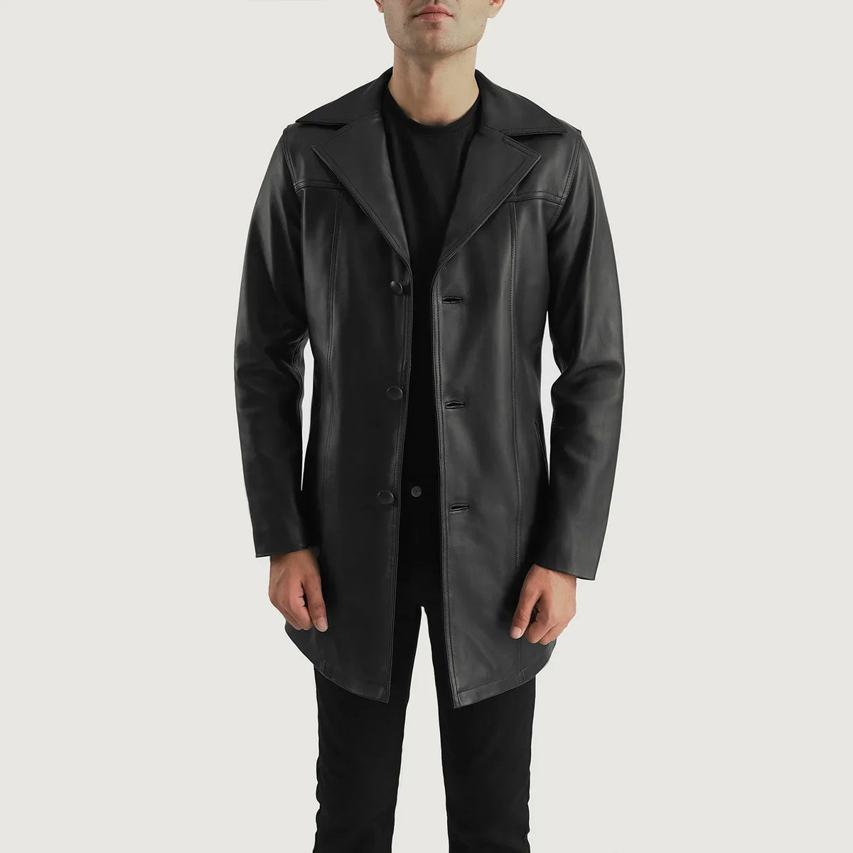 Brawnton 黑色 真皮大衣 男士 in Black Cowhide Leather - Front Profile View &amp; Tailored Silhouette | Buy Online
