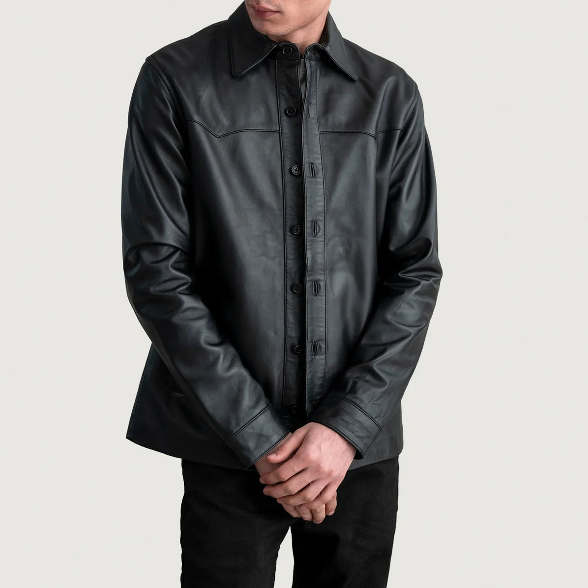 Bronco 黑色 Leather Shirt 男士 in Black Sheepskin Leather - Front Profile View &amp; Tailored Silhouette | Buy Online