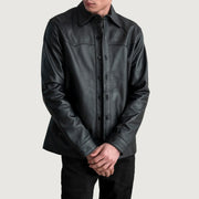 Bronco 黑色 Leather Shirt 男士 in Black Sheepskin Leather - Front Profile View &amp; Tailored Silhouette | Buy Online