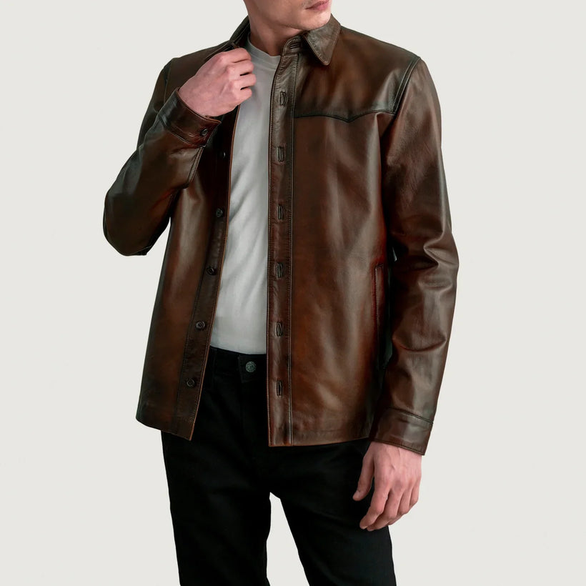 Bronco Distressed 棕色 Leather Shirt 男士