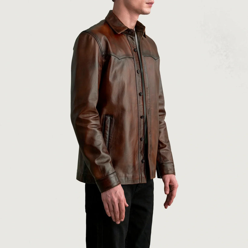 Bronco Distressed 棕色 Leather Shirt 男士