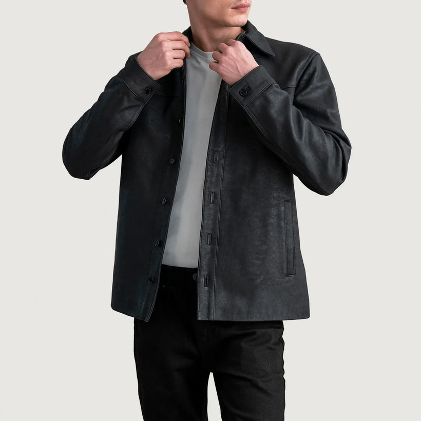 Bronco Tumbled 黑色 Leather Shirt 男士