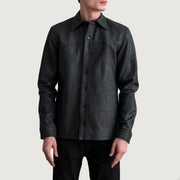 Bronco Tumbled 黑色 Leather Shirt 男士 - Lateral Side Profile View Showing Sleeve Cut &amp; Athletic Taper Fit