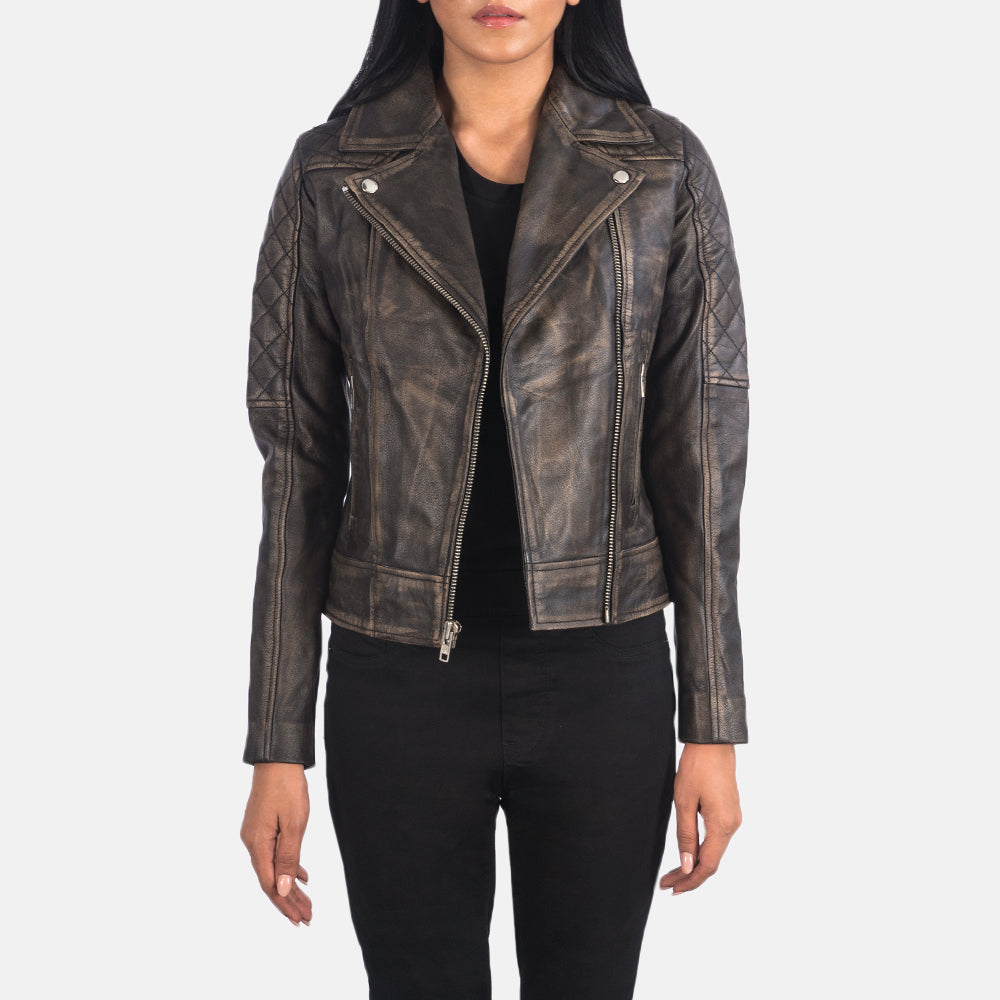 
Carolyn Quilted Distressed Brown Biker Jacket in Distressed Brown Goatskin Leather - 正面版型与定制立体剪裁轮廓 | 官方商城选购