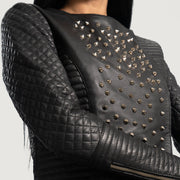 Women's Celeste Studded 黑色 真皮夹克 女士 - Lateral Side Profile View Showing Sleeve Cut &amp; Athletic Taper Fit