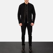Men's Charcoal 黑色 Suede 真皮机车夹克 男士 - Lateral Side Profile View Showing Sleeve Cut &amp; Athletic Taper Fit