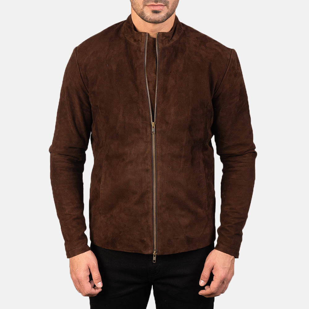 Close-Up Detail of Mandarin &amp; Zipper with Dual Puller Hardware on Men's Charcoal Mocha Suede 真皮机车夹克 男士