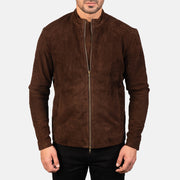 Close-Up Detail of Mandarin &amp; Zipper with Dual Puller Hardware on Men's Charcoal Mocha Suede 真皮机车夹克 男士