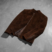 Styled Fit Perspective of Men's Charcoal Mocha Suede 真皮机车夹克 男士 on Model - Natural Daylight Drape