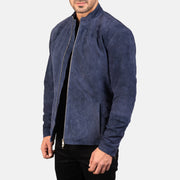 
Navy Blue Goatskin Suede Biker Jacket - 展现肩线贴合与利落下摆的背部视角