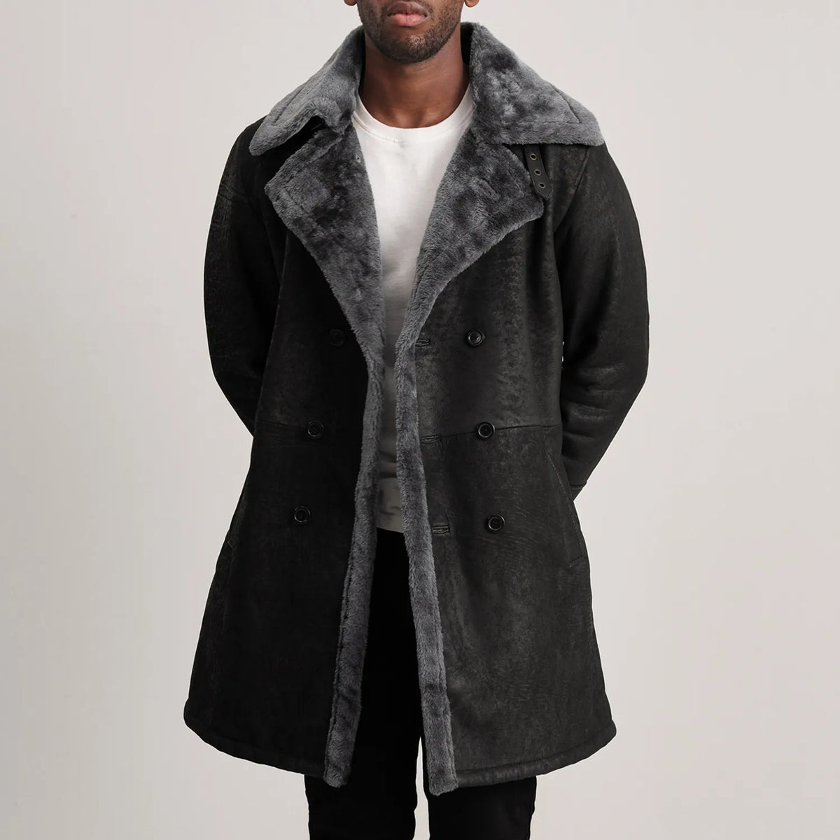 Charles Brown Suede Leather Shearling Double-Breasted Coat in Brown Goatskin Suede - Front Profile View &amp; Tailored Silhouette | Buy Online