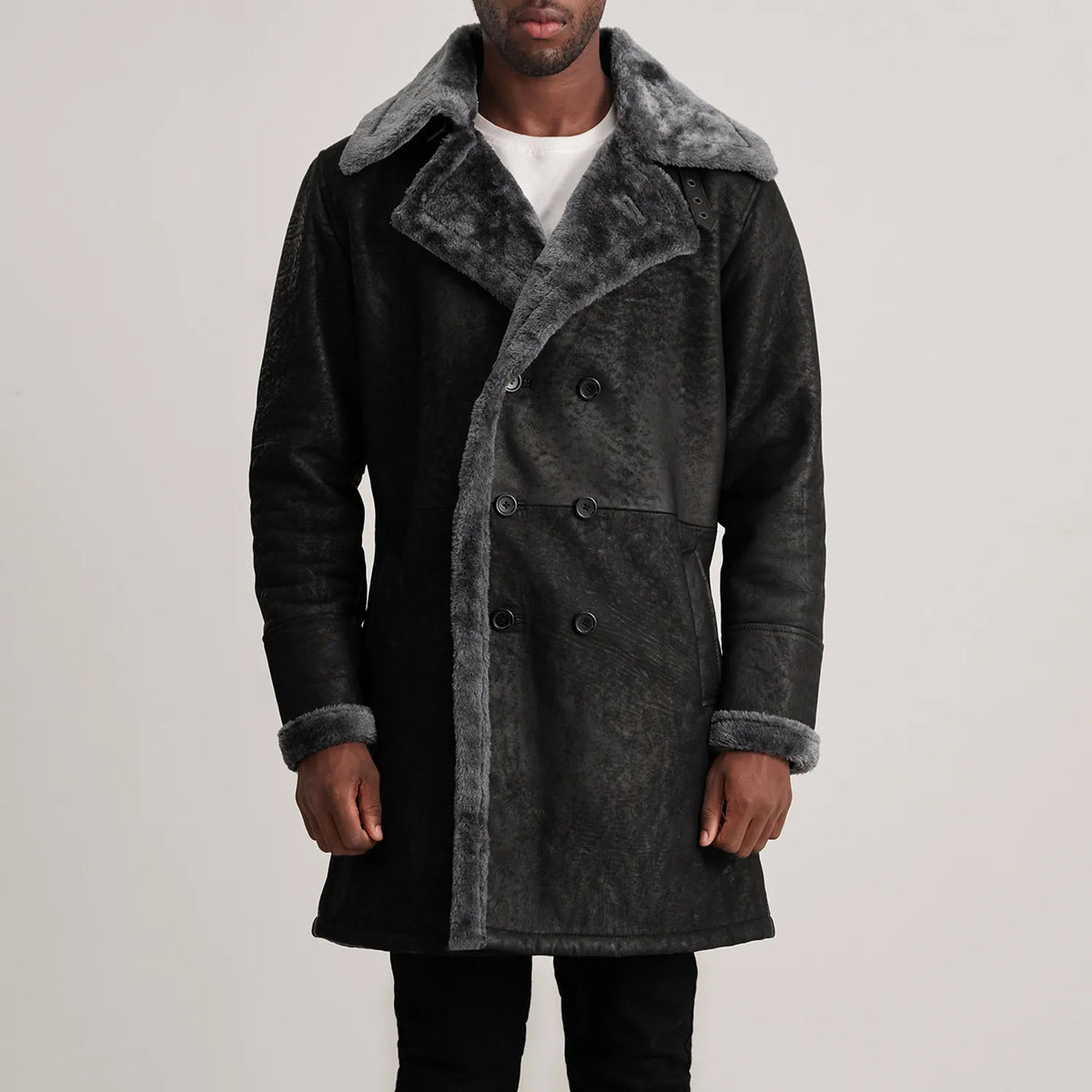 Close-Up Detail of Notch &amp; Button Hardware on Charles Brown Suede Leather Shearling Double-Breasted Coat