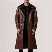 Charlton Waxed Brown Leather Single Breasted Coat For Men in Distressed Brown Sheepskin Burnished - Front Profile View & Tailored Silhouette | Buy Online