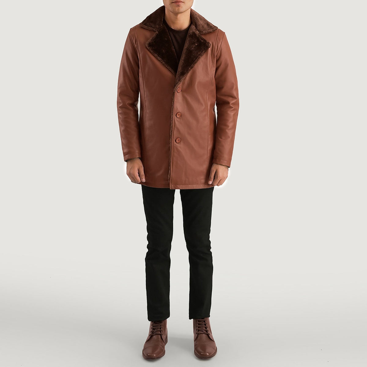 Men's Cinnamon 棕色 Leather Fur 真皮大衣 男士 - Lateral Side Profile View Showing Sleeve Cut &amp; Athletic Taper Fit
