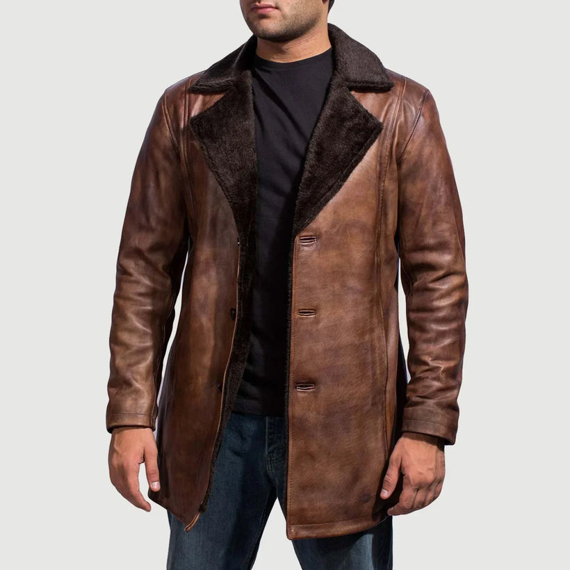 Cinnamon Distressed Leather Fur 真皮大衣 男士