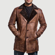 Men's Cinnamon 做旧 Leather Fur 真皮大衣 男士 - Lateral Side Profile View Showing Sleeve Cut &amp; Athletic Taper Fit