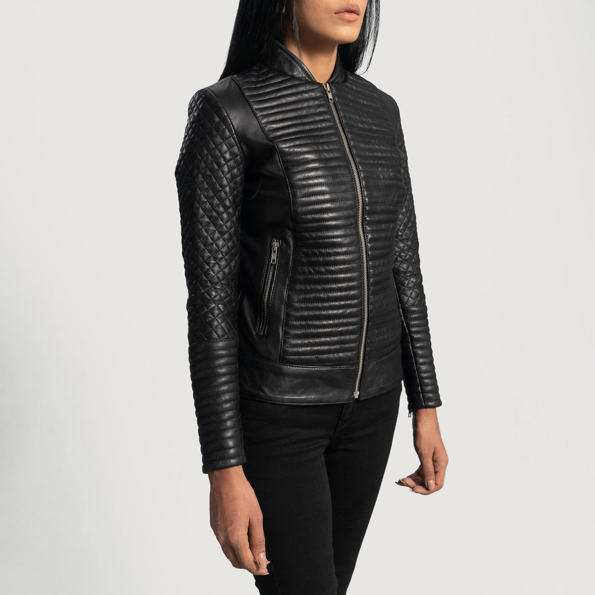 Black Sheepskin Leather Biker Jacket - Back View Showing Tailored Shoulder Fit &amp; Clean Hemline